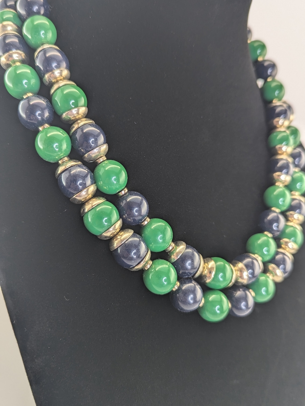 Green & Navy Beaded Double Strand Necklace - Unbranded